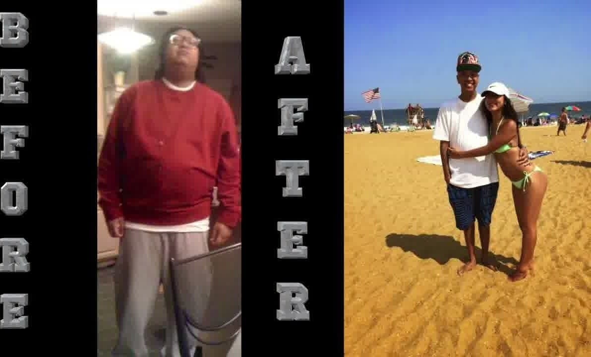 Client before-and-after transformation, after photo taken at the beach