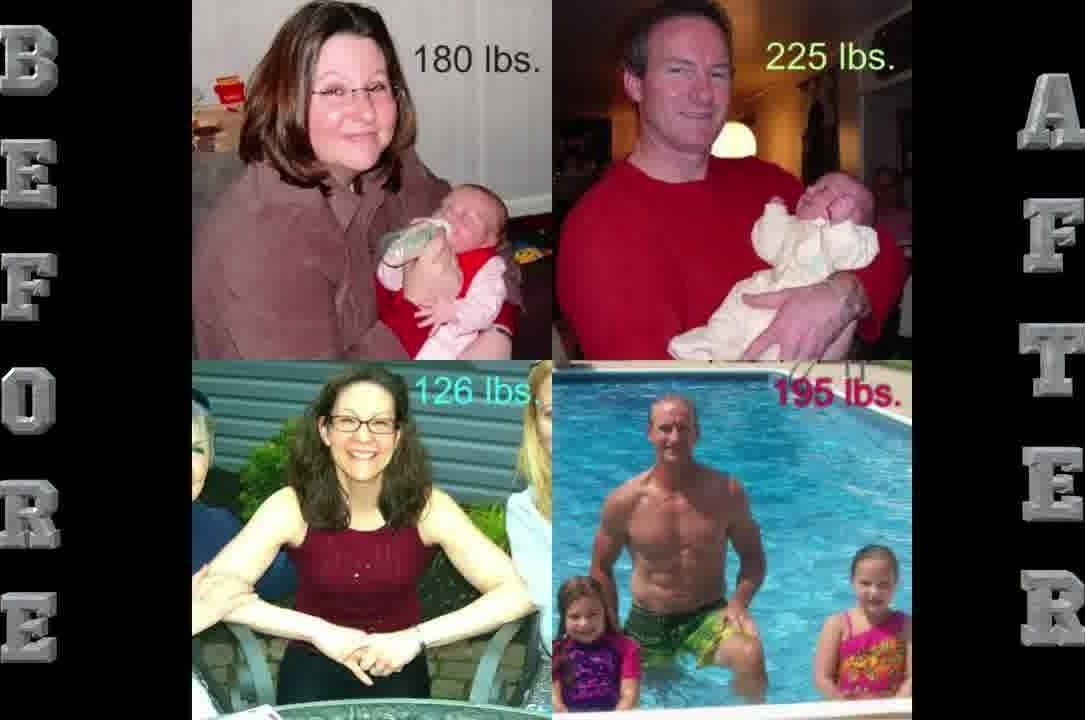 Client before-and-after transformation photos with family, weight labels