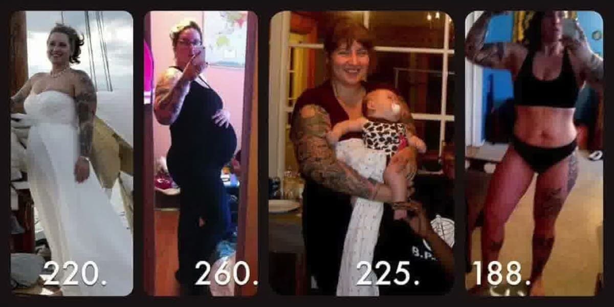 Client transformation milestones shown across four photos with weight labels
