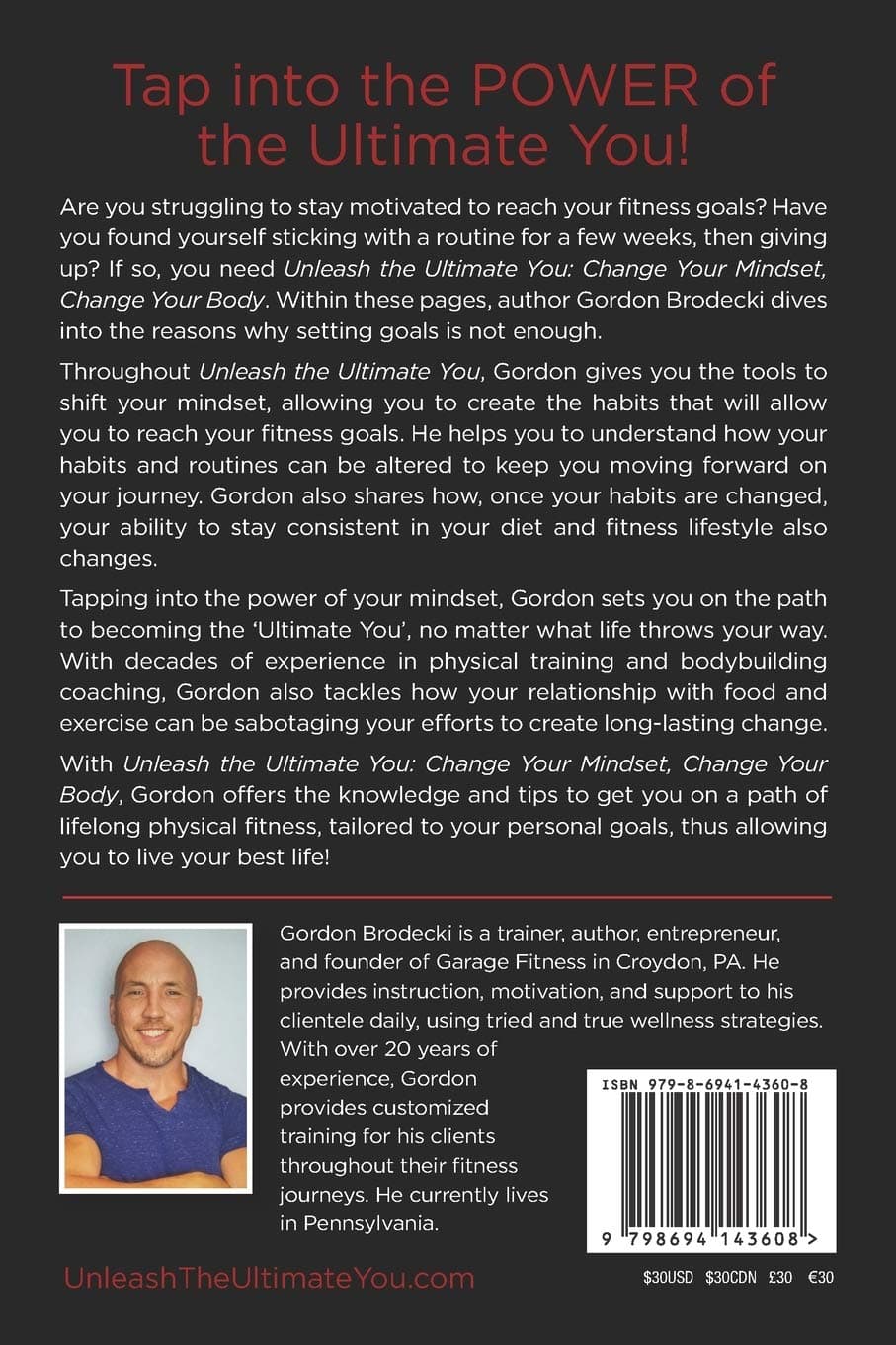 Back cover of Unleash the Ultimate You, with the book's description and an author photo of Gordon Brodecki